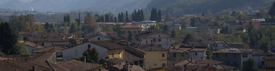 Gallicano - panorama dei tetti del centro storico con cipressi e montagne