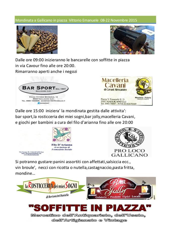 Mondinata a Gallicano in piazza Vittorio Emanuele 08-22 Novembre 2015 – Soffitte in Piazza, Bar Sport, Macelleria Cavani, Pro Loco