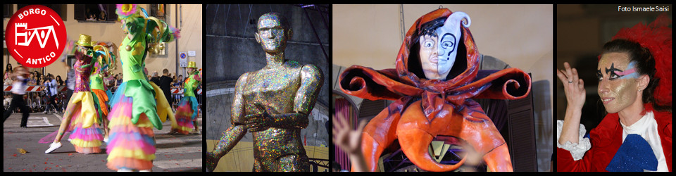 Rione Borgo Antico - ballerine colorate, statua glitter argento, giullare arancione